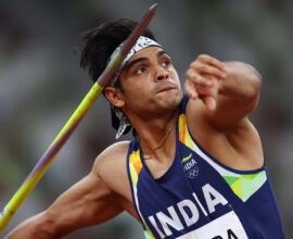 Neeraj Chopra preparing for his javelin throw at Paris 2024 Olympics