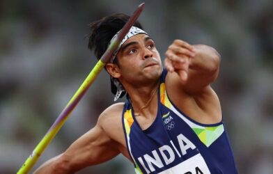 Neeraj Chopra preparing for his javelin throw at Paris 2024 Olympics