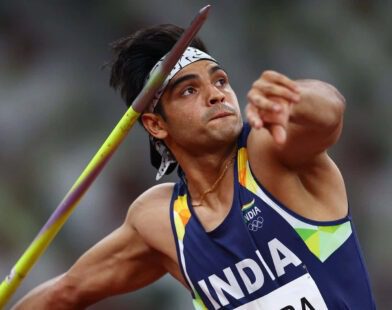 Neeraj Chopra preparing for his javelin throw at Paris 2024 Olympics