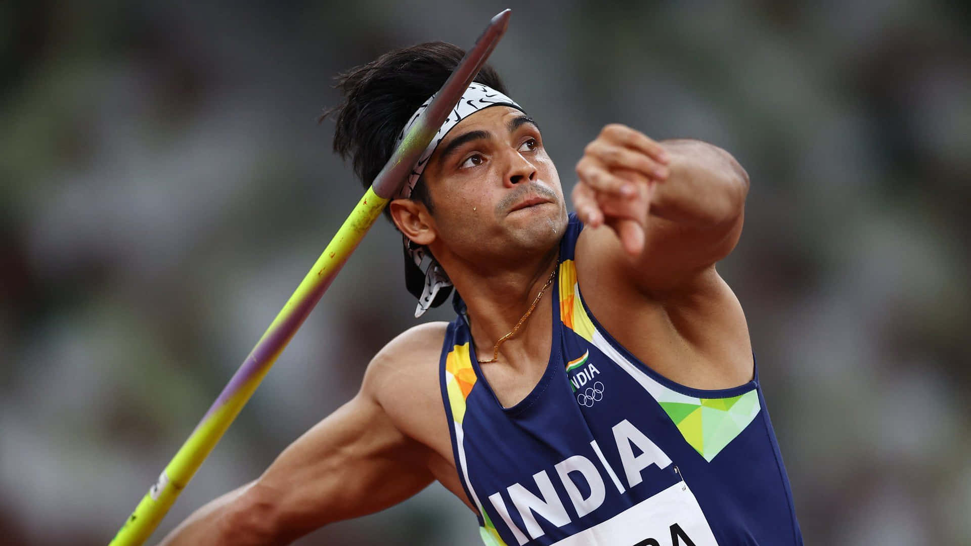 Neeraj Chopra preparing for his javelin throw at Paris 2024 Olympics