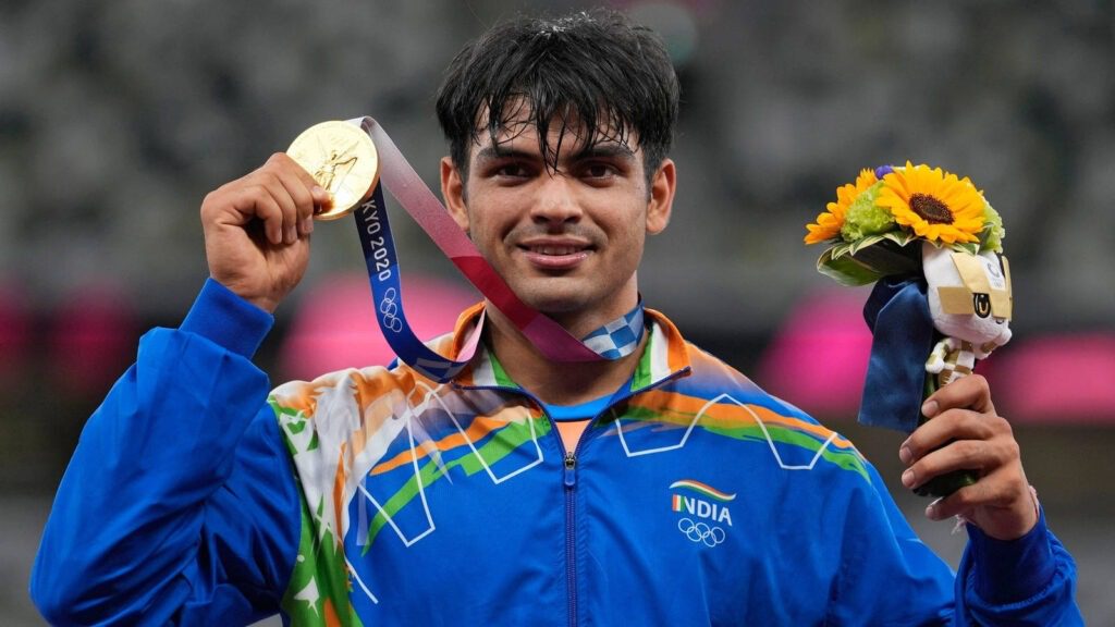 Neeraj Chopra celebrating his Golden medal win at Olympics 2020